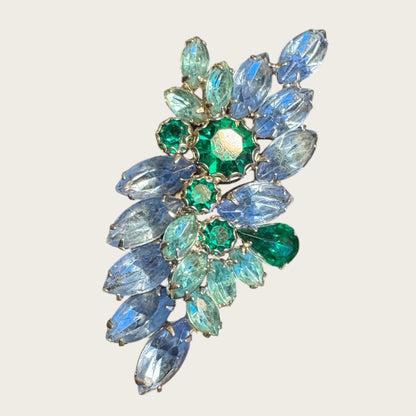 Vintage Aqua, Sapphire & Emerald Rhinestone Spray Brooch – Layered Navettes & Teardrop Gemstone