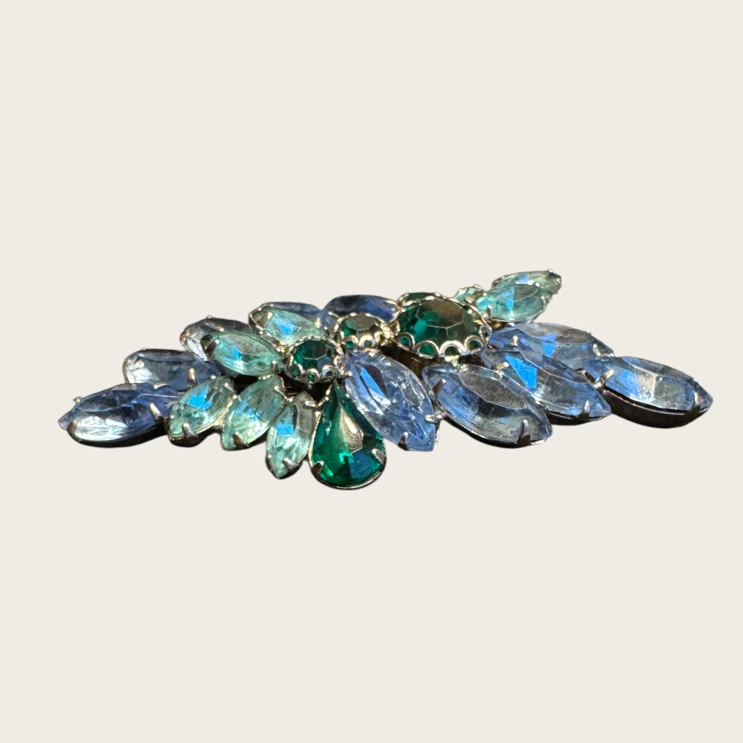 Vintage Aqua, Sapphire & Emerald Rhinestone Spray Brooch – Layered Navettes & Teardrop Gemstone