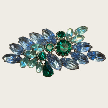 Vintage Aqua, Sapphire & Emerald Rhinestone Spray Brooch – Layered Navettes & Teardrop Gemstone