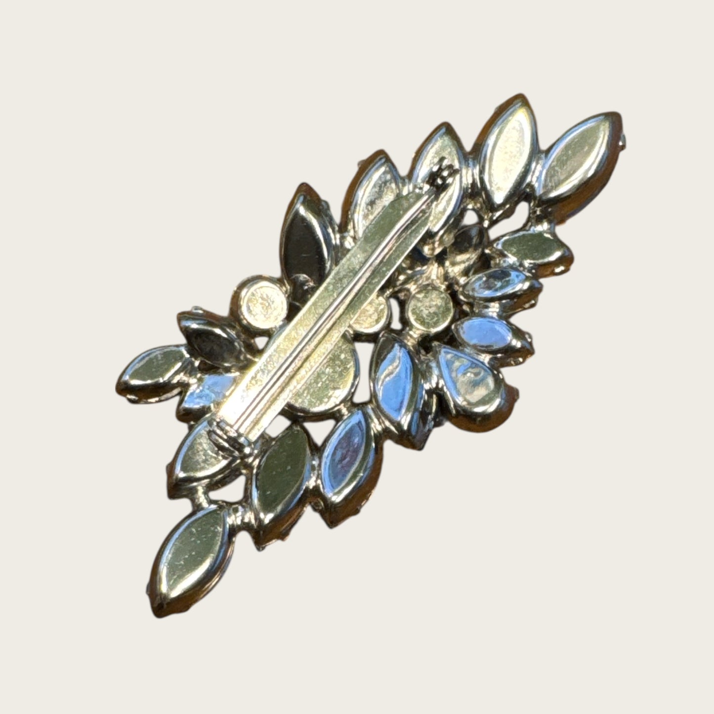 Vintage Aqua, Sapphire & Emerald Rhinestone Spray Brooch – Layered Navettes & Teardrop Gemstone
