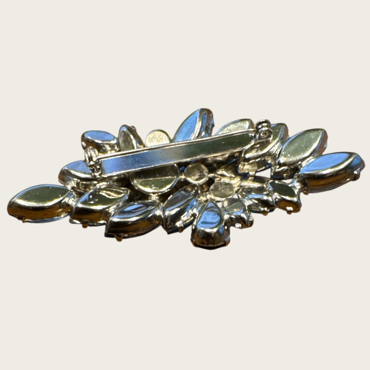 Vintage Aqua, Sapphire & Emerald Rhinestone Spray Brooch – Layered Navettes & Teardrop Gemstone