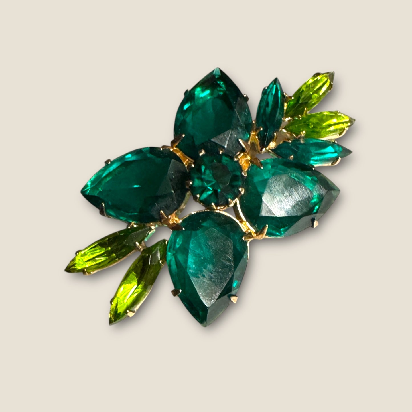 Emerald & Peridot Uranium Marquise Floral Brooch – Mid-Century Sparkle
