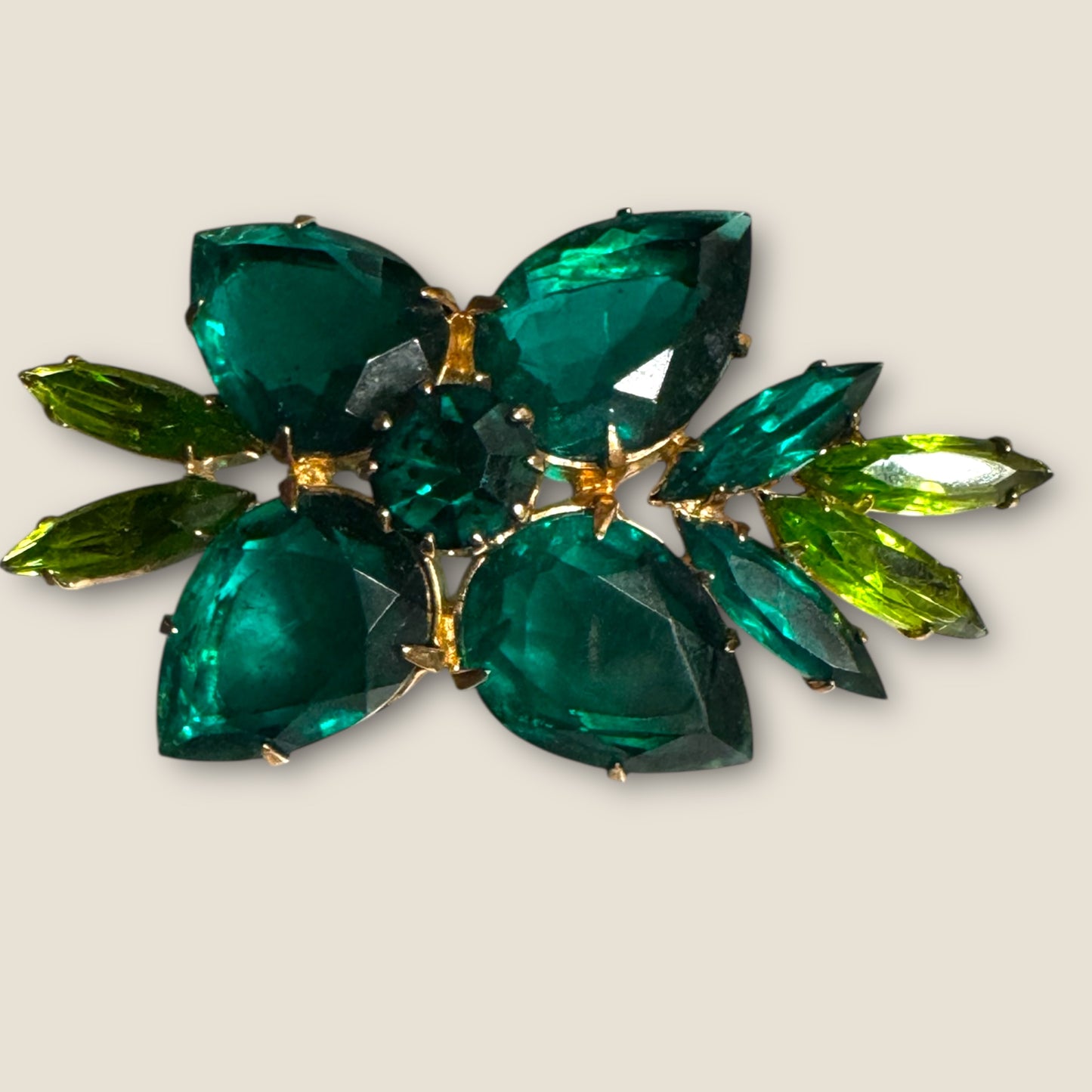 Emerald & Peridot Uranium Marquise Floral Brooch – Mid-Century Sparkle