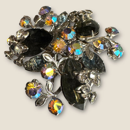 Mid-Century Smoky Lava Glass & Aurora Borealis Floral Spray Brooch – Silver-Tone Rhinestone Statement