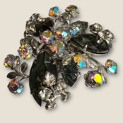 Mid-Century Smoky Lava Glass & Aurora Borealis Floral Spray Brooch – Silver-Tone Rhinestone Statement