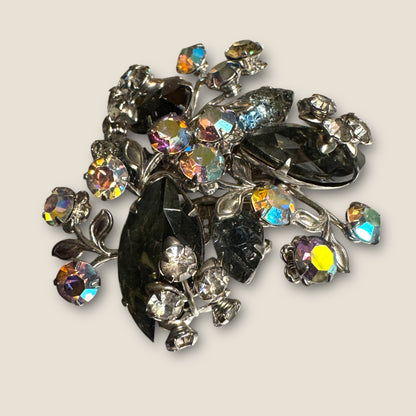 Mid-Century Smoky Lava Glass & Aurora Borealis Floral Spray Brooch – Silver-Tone Rhinestone Statement