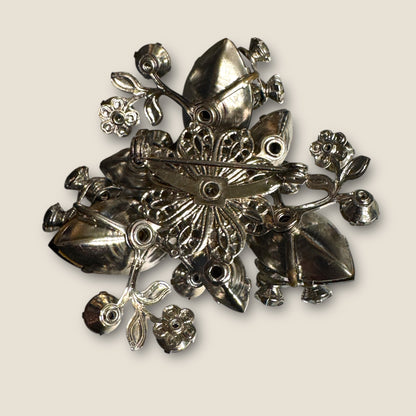 Mid-Century Smoky Lava Glass & Aurora Borealis Floral Spray Brooch – Silver-Tone Rhinestone Statement