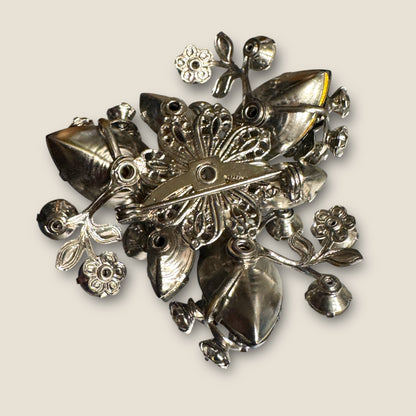 Mid-Century Smoky Lava Glass & Aurora Borealis Floral Spray Brooch – Silver-Tone Rhinestone Statement