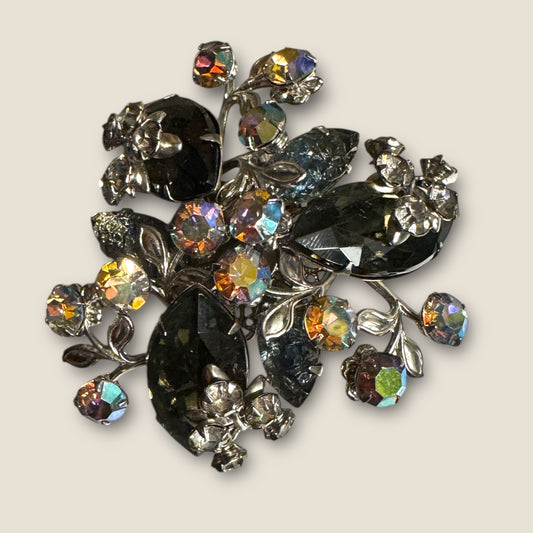 Mid-Century Smoky Lava Glass & Aurora Borealis Floral Spray Brooch – Silver-Tone Rhinestone Statement