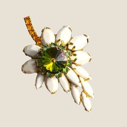 Vintage Watermelon Rivoli & White Marquis Floral Brooch – Mid-Century Radiant Bloom