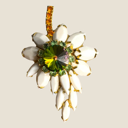 Vintage Watermelon Rivoli & White Marquis Floral Brooch – Mid-Century Radiant Bloom