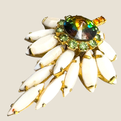 Vintage Watermelon Rivoli & White Marquis Floral Brooch – Mid-Century Radiant Bloom