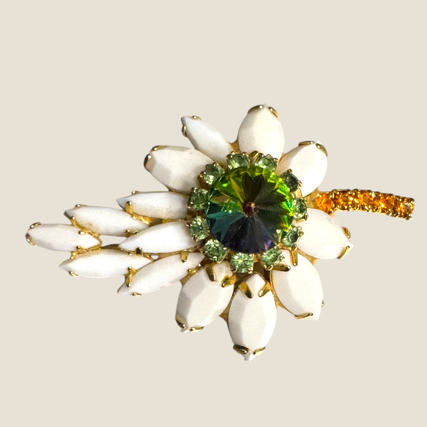 Vintage Watermelon Rivoli & White Marquis Floral Brooch – Mid-Century Radiant Bloom