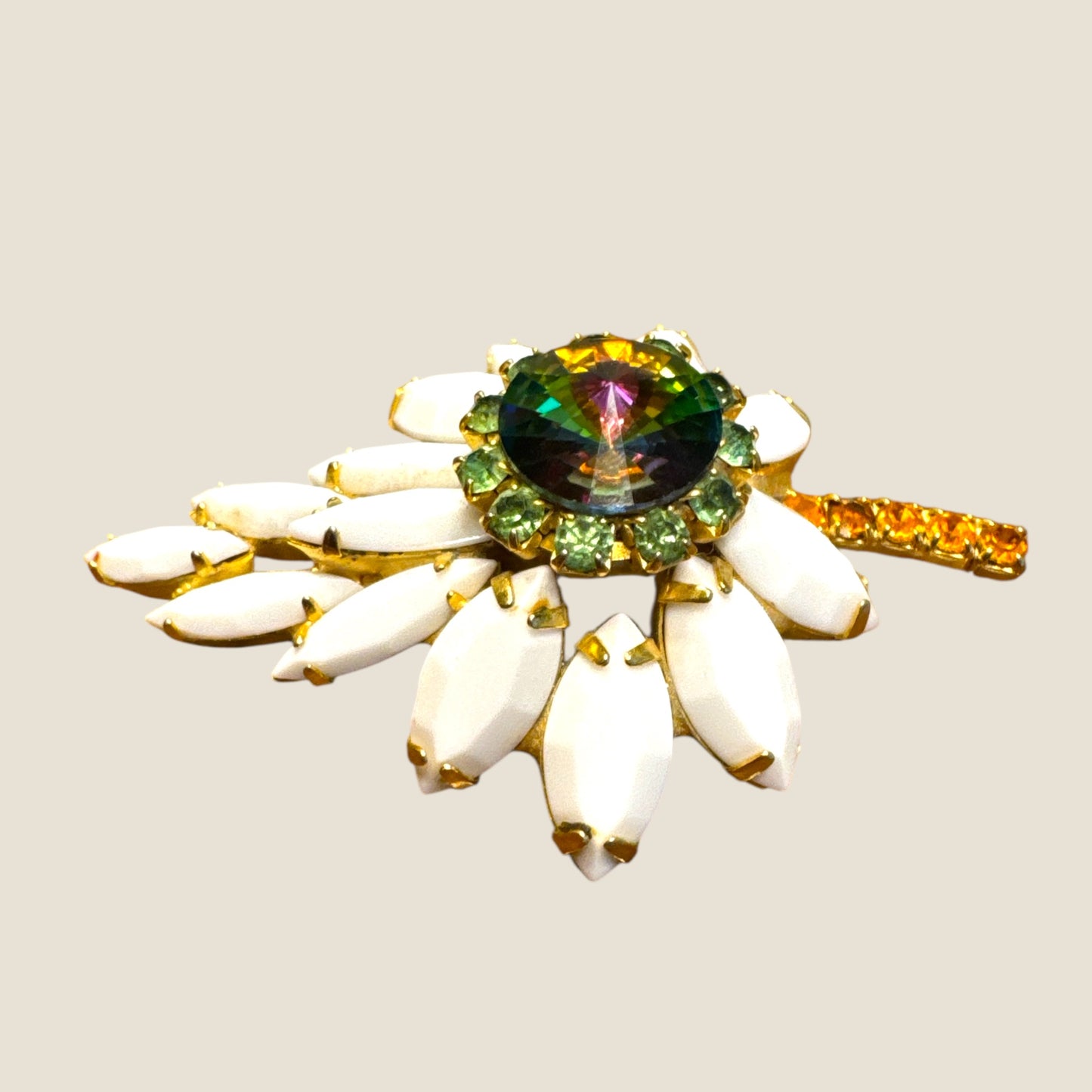 Vintage Watermelon Rivoli & White Marquis Floral Brooch – Mid-Century Radiant Bloom
