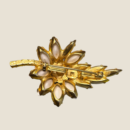 Vintage Watermelon Rivoli & White Marquis Floral Brooch – Mid-Century Radiant Bloom