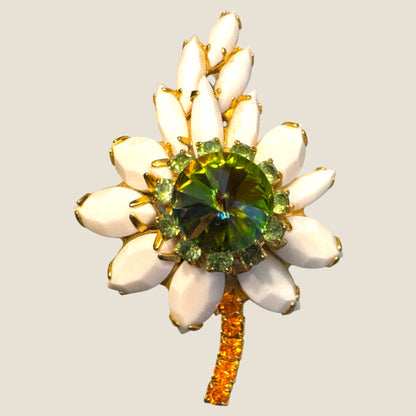 Vintage Watermelon Rivoli & White Marquis Floral Brooch – Mid-Century Radiant Bloom