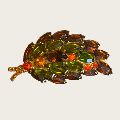 Vintage Fall Jewel-Toned Leaf Brooch – Open-Back Navettes in Root Beer, Avocado, & Topaz