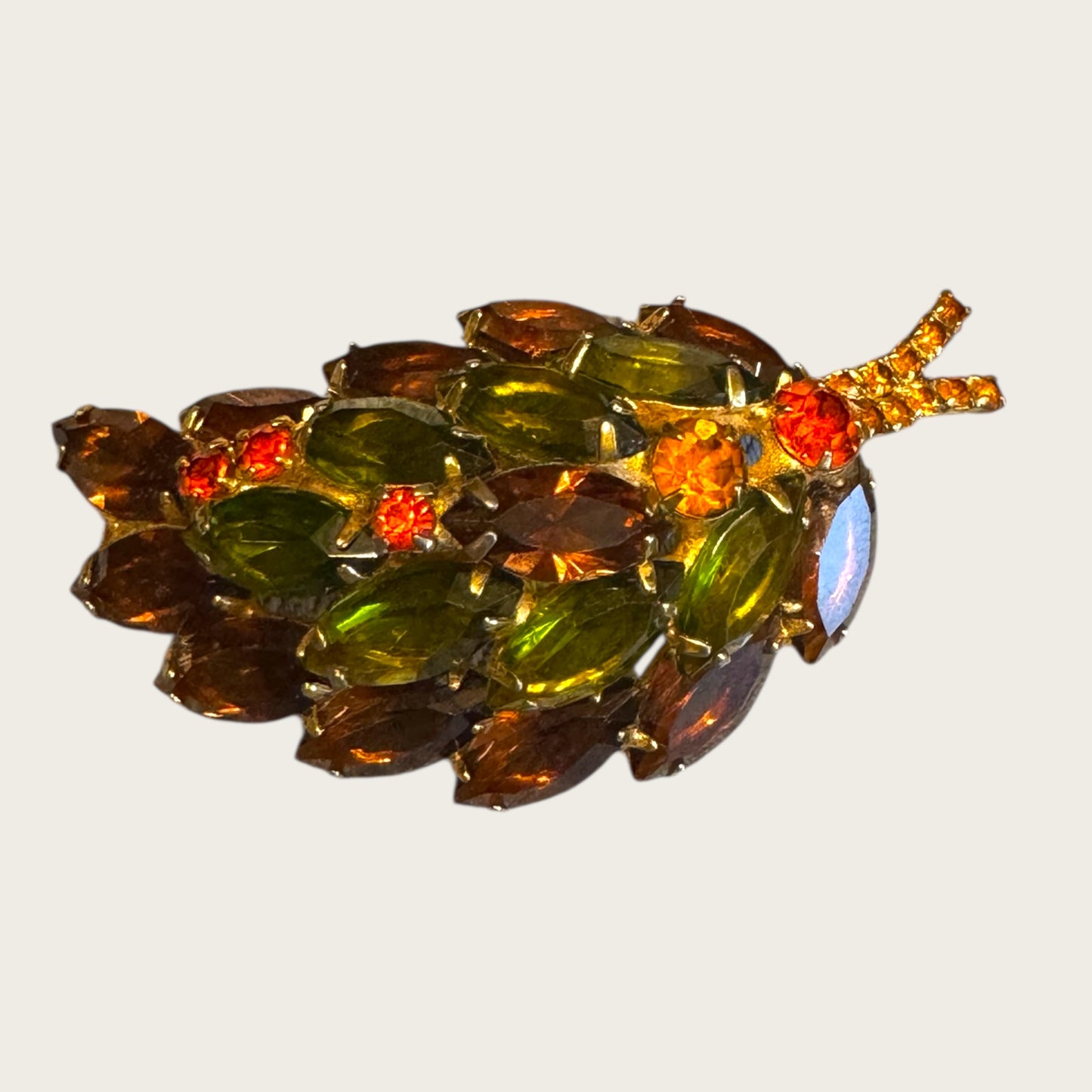 Vintage Fall Jewel-Toned Leaf Brooch – Open-Back Navettes in Root Beer, Avocado, & Topaz