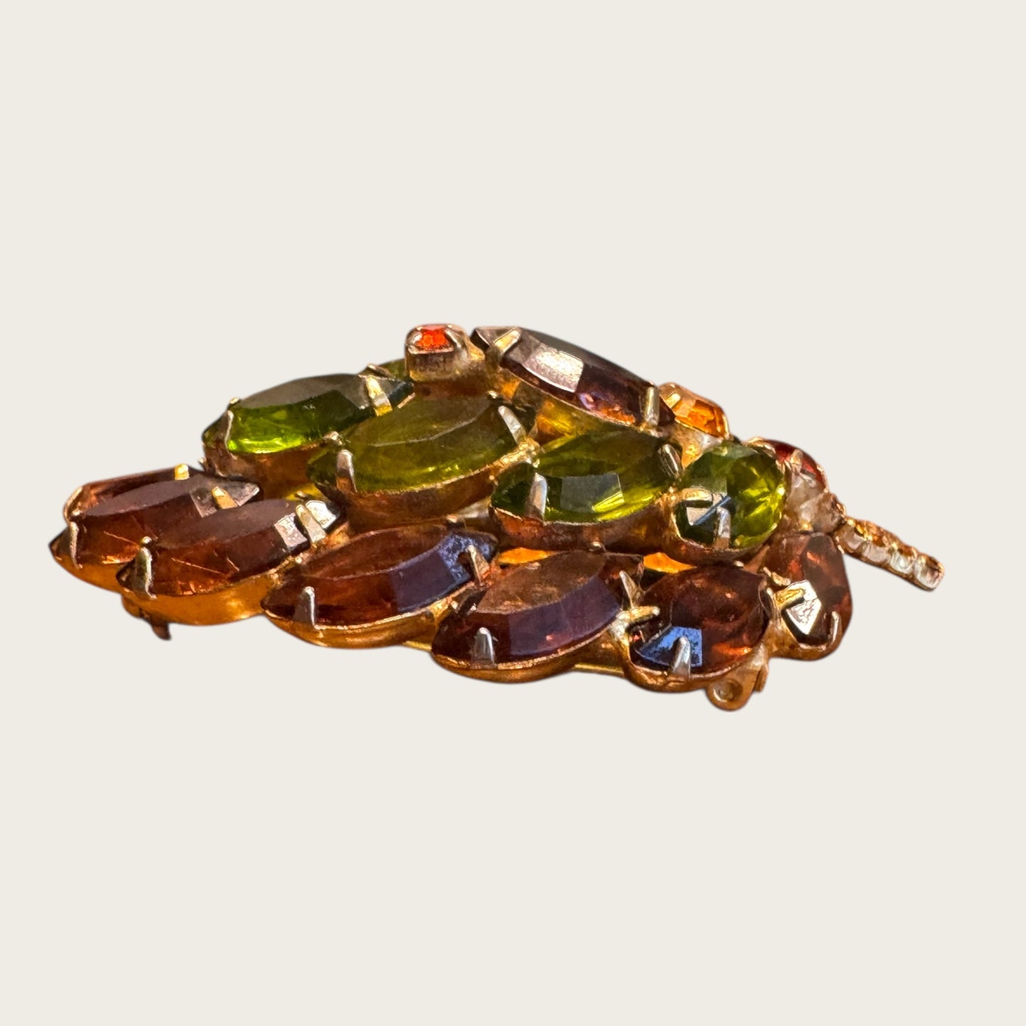 Vintage Fall Jewel-Toned Leaf Brooch – Open-Back Navettes in Root Beer, Avocado, & Topaz