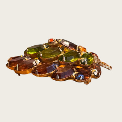 Vintage Fall Jewel-Toned Leaf Brooch – Open-Back Navettes in Root Beer, Avocado, & Topaz