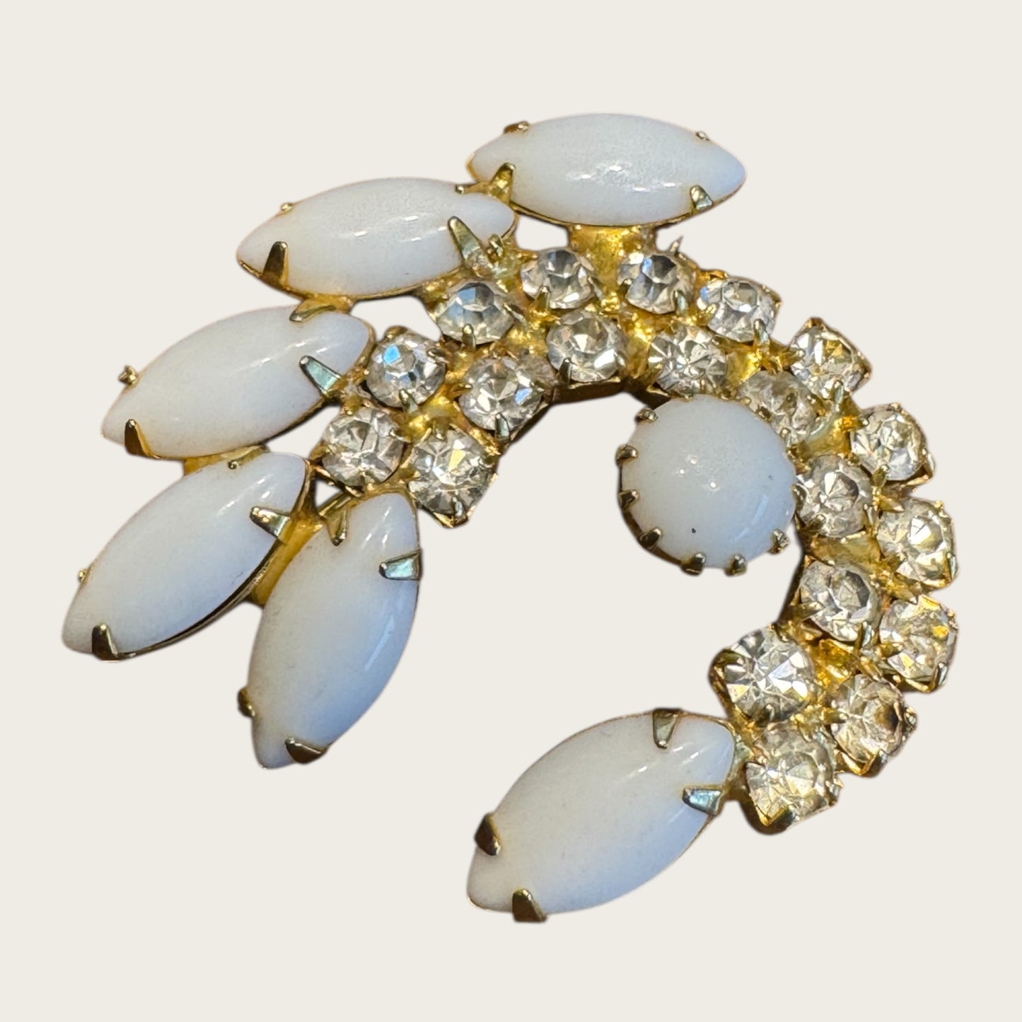 Vintage Milk Glass Crescent Brooch – Prong-Set Navettes & Brilliant Crystal Rhinestones