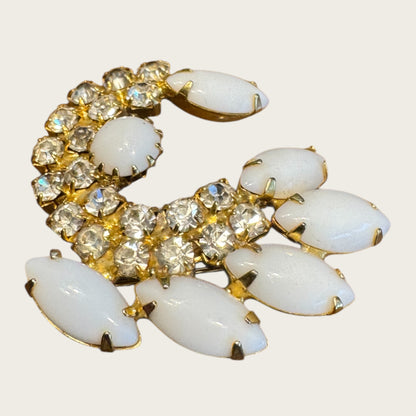 Vintage Milk Glass Crescent Brooch – Prong-Set Navettes & Brilliant Crystal Rhinestones
