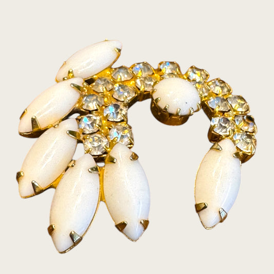 Vintage Milk Glass Crescent Brooch – Prong-Set Navettes & Brilliant Crystal Rhinestones