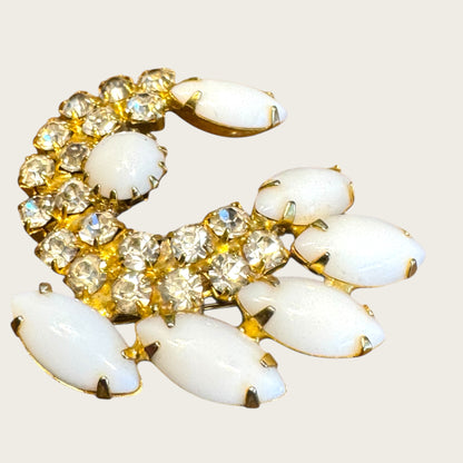 Vintage Milk Glass Crescent Brooch – Prong-Set Navettes & Brilliant Crystal Rhinestones
