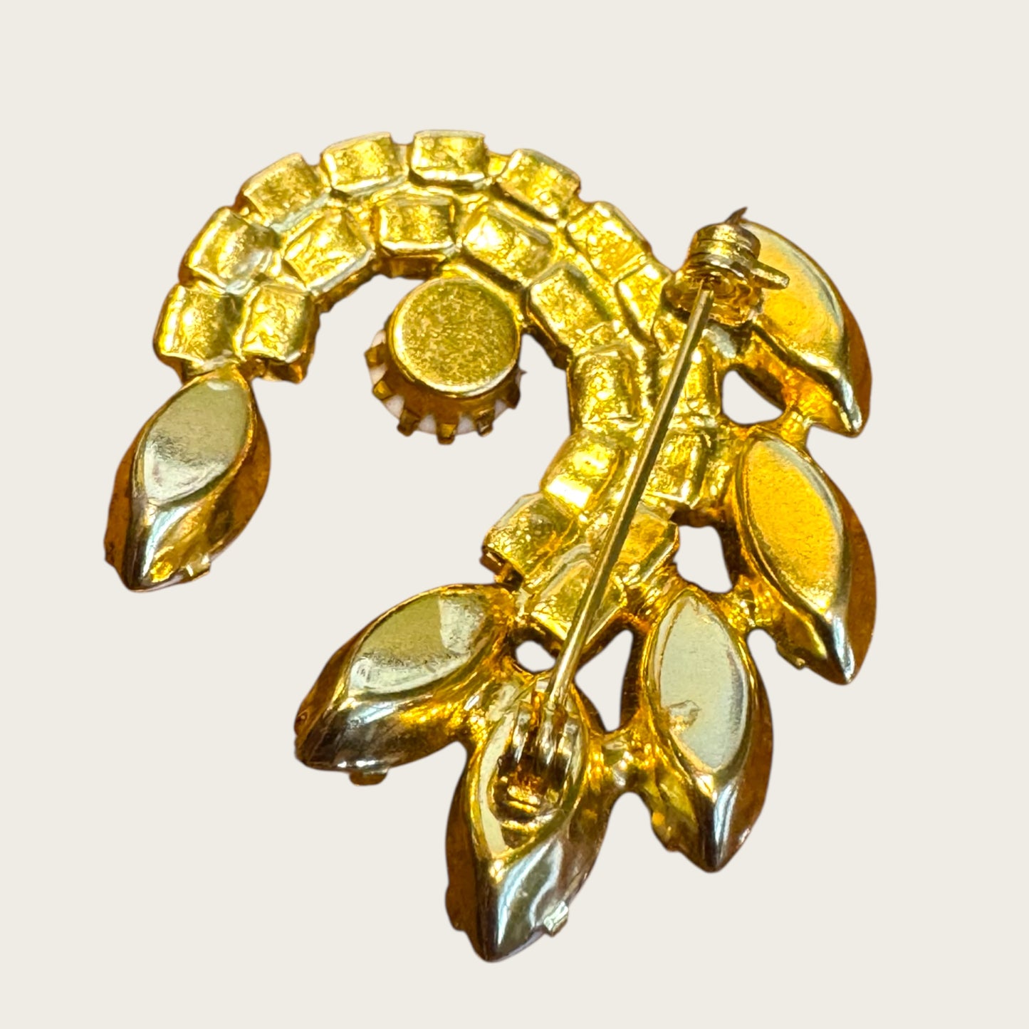 Vintage Milk Glass Crescent Brooch – Prong-Set Navettes & Brilliant Crystal Rhinestones