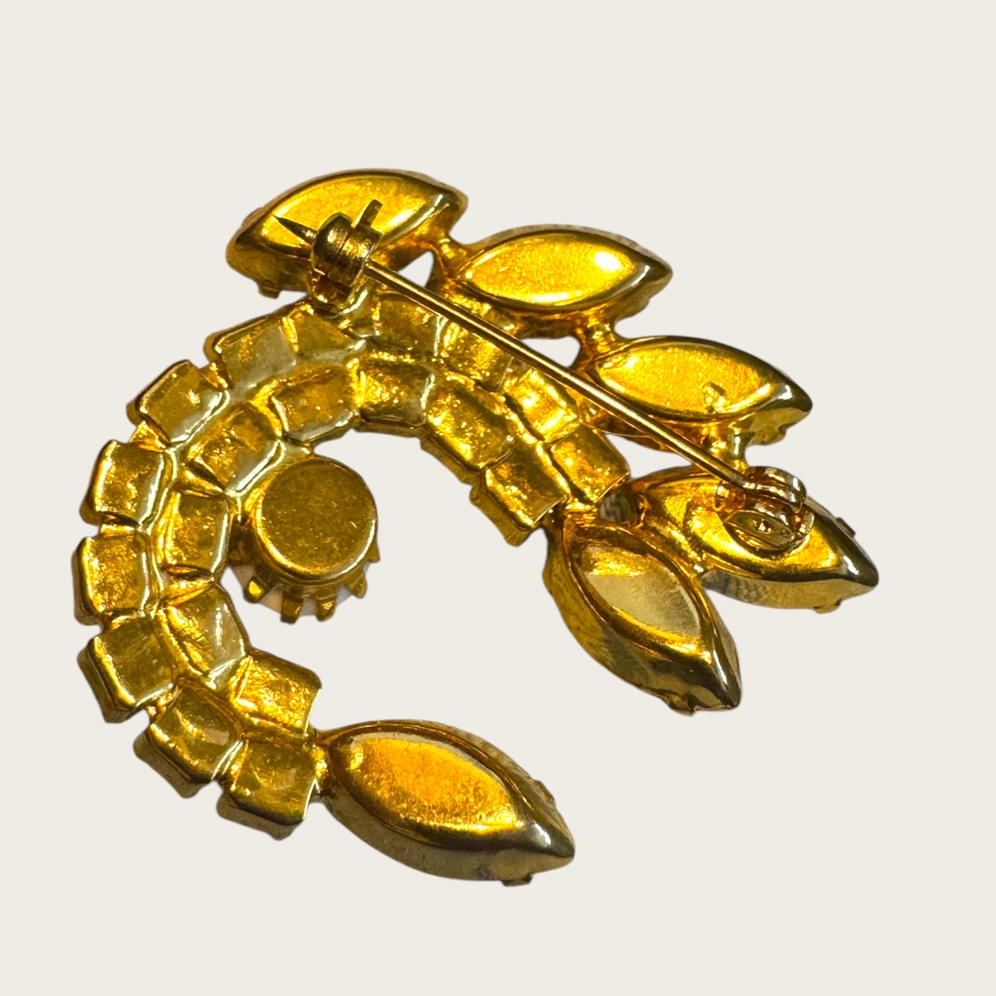 Vintage Milk Glass Crescent Brooch – Prong-Set Navettes & Brilliant Crystal Rhinestones