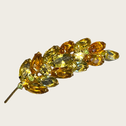 Vintage Pale Yellow & Topaz Navette Leaf Brooch – Open-Back Rhinestones, Gold-Tone Stem