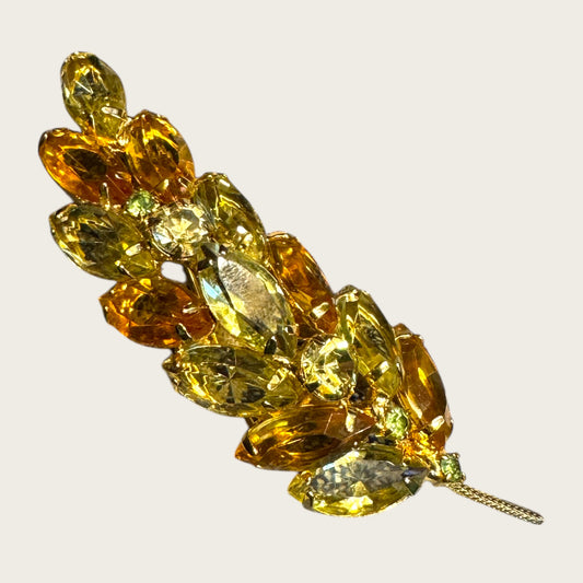 Vintage Pale Yellow & Topaz Navette Leaf Brooch – Open-Back Rhinestones, Gold-Tone Stem
