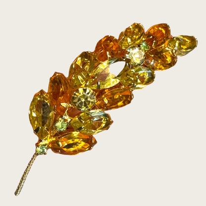 Vintage Pale Yellow & Topaz Navette Leaf Brooch – Open-Back Rhinestones, Gold-Tone Stem