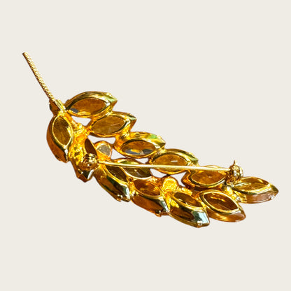 Vintage Pale Yellow & Topaz Navette Leaf Brooch – Open-Back Rhinestones, Gold-Tone Stem