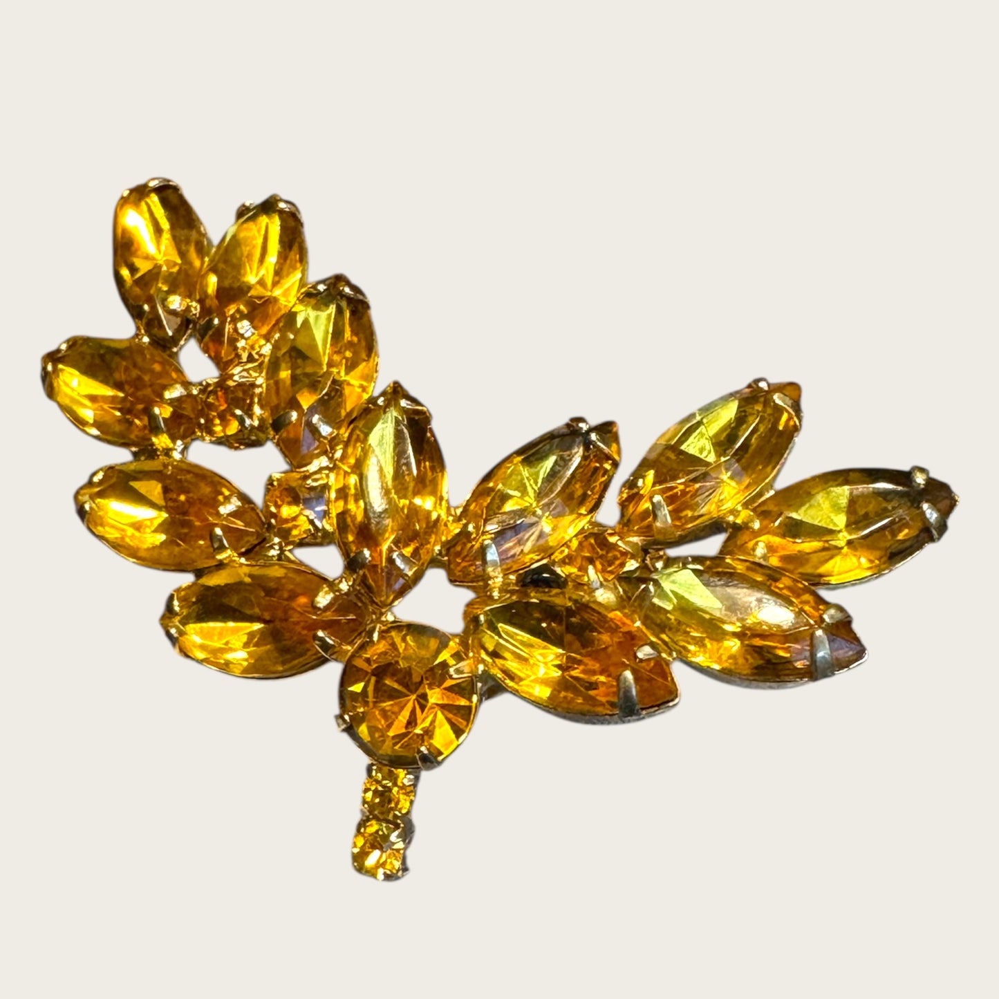 Vintage Golden Topaz Navette Spray Brooch – Warm Amber Hues & Open-Back Stones