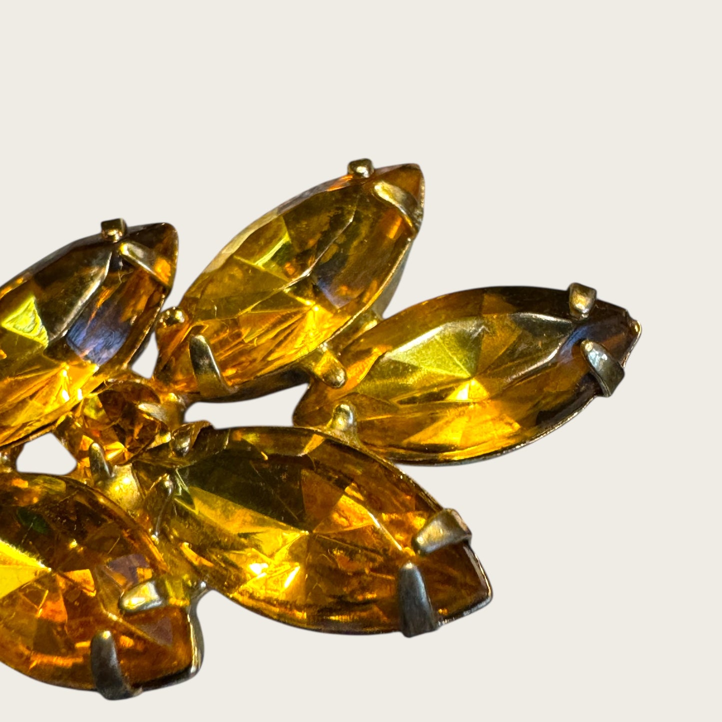 Vintage Golden Topaz Navette Spray Brooch – Warm Amber Hues & Open-Back Stones