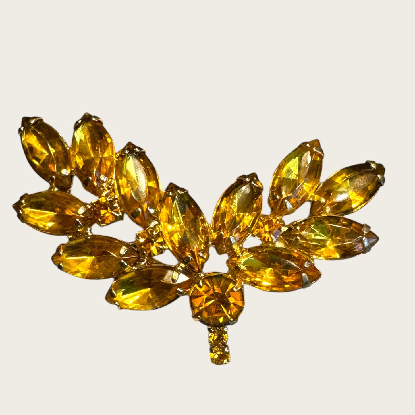 Vintage Golden Topaz Navette Spray Brooch – Warm Amber Hues & Open-Back Stones