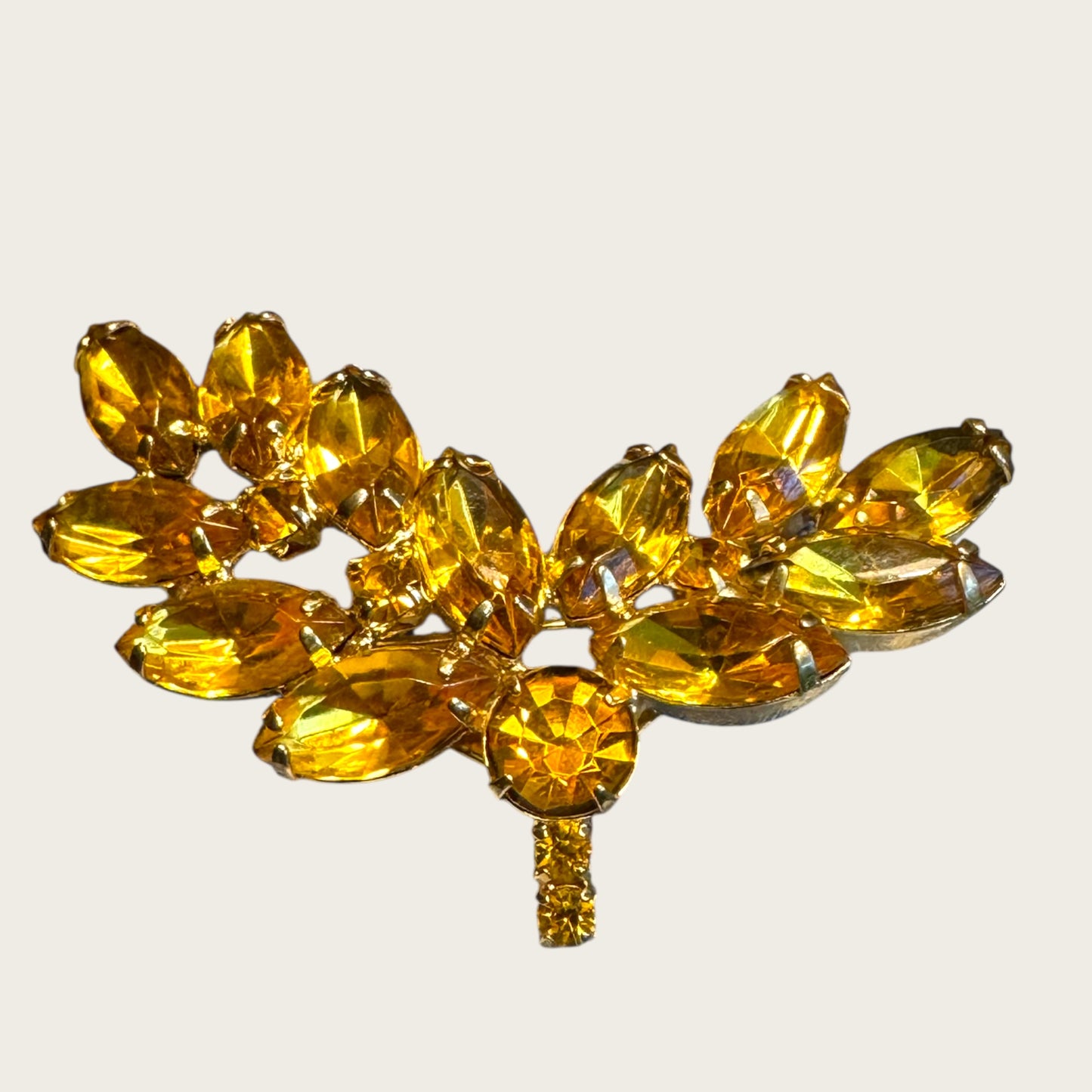 Vintage Golden Topaz Navette Spray Brooch – Warm Amber Hues & Open-Back Stones