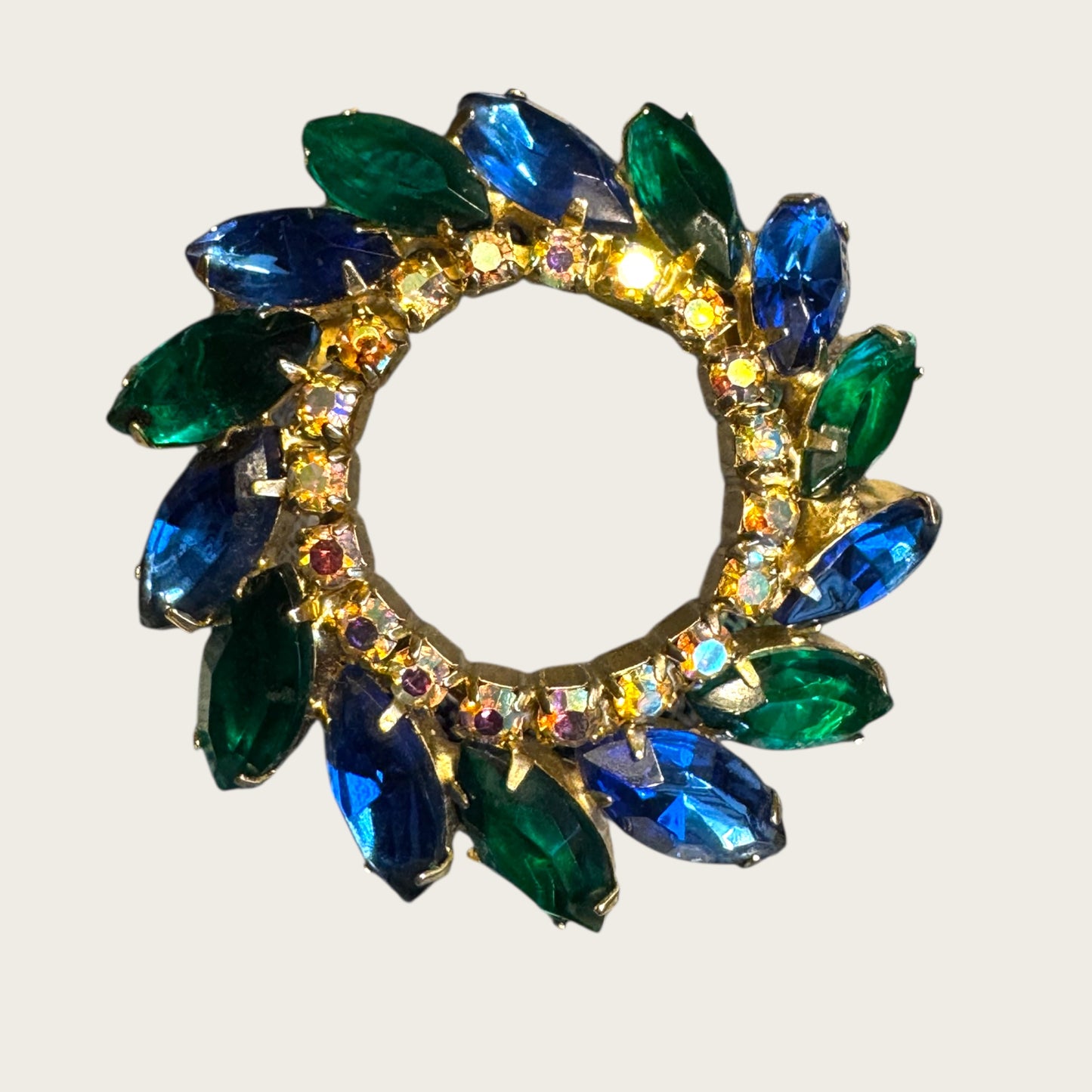 Vintage Emerald Green & Sapphire Blue Marquise Rhinestone Wreath Brooch – AB Accented Mid-Century Pin