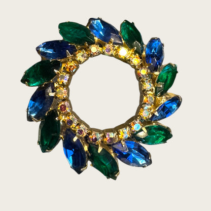 Vintage Emerald Green & Sapphire Blue Marquise Rhinestone Wreath Brooch – AB Accented Mid-Century Pin