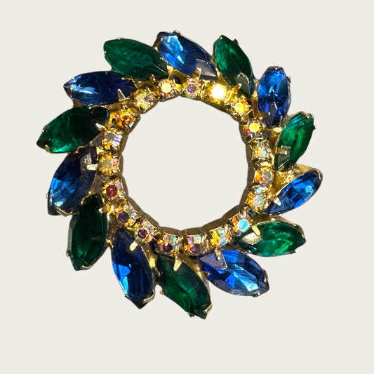 Vintage Emerald Green & Sapphire Blue Marquise Rhinestone Wreath Brooch – AB Accented Mid-Century Pin