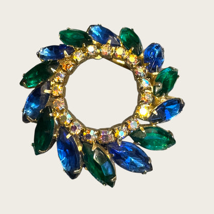 Vintage Emerald Green & Sapphire Blue Marquise Rhinestone Wreath Brooch – AB Accented Mid-Century Pin