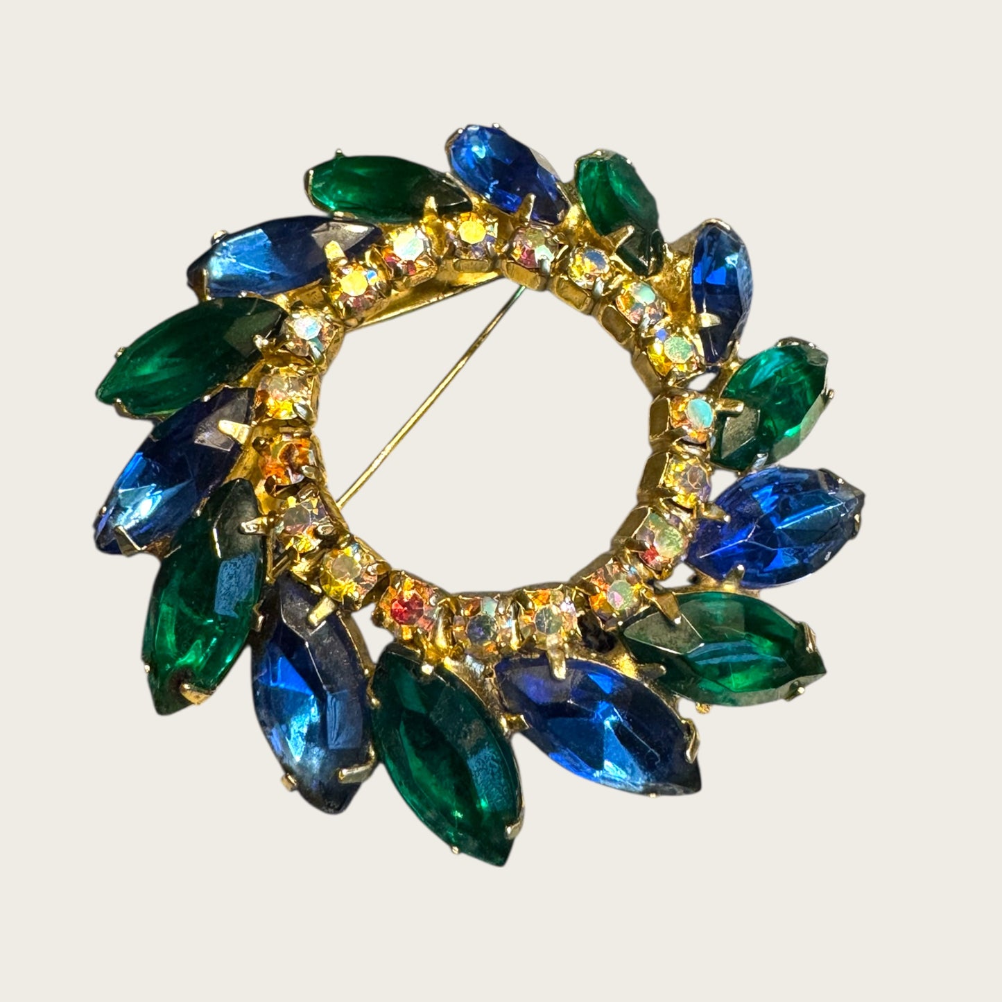 Vintage Emerald Green & Sapphire Blue Marquise Rhinestone Wreath Brooch – AB Accented Mid-Century Pin