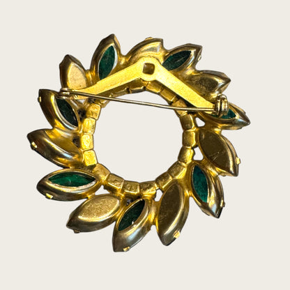 Vintage Emerald Green & Sapphire Blue Marquise Rhinestone Wreath Brooch – AB Accented Mid-Century Pin