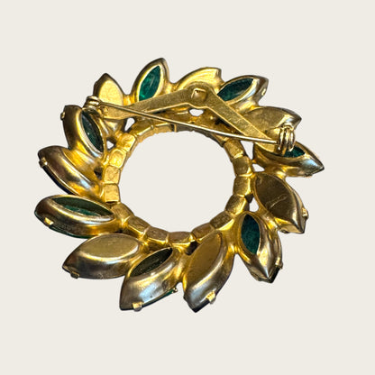 Vintage Emerald Green & Sapphire Blue Marquise Rhinestone Wreath Brooch – AB Accented Mid-Century Pin