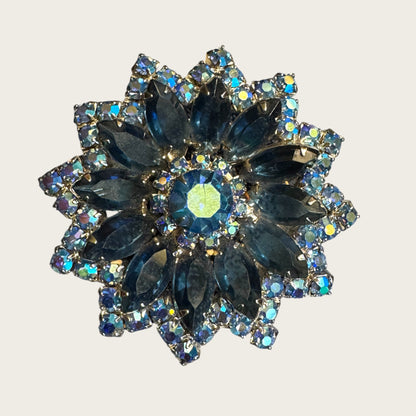Vintage Sapphire Blue & AB Layered Starburst Brooch – Open-Back Navette Stones, Mid-Century Statement Pin
