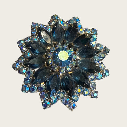 Vintage Sapphire Blue & AB Layered Starburst Brooch – Open-Back Navette Stones, Mid-Century Statement Pin