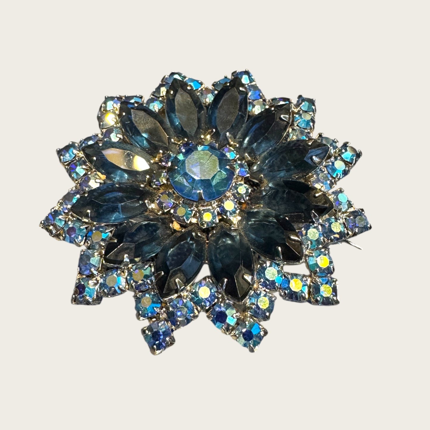 Vintage Sapphire Blue & AB Layered Starburst Brooch – Open-Back Navette Stones, Mid-Century Statement Pin