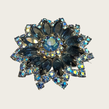 Vintage Sapphire Blue & AB Layered Starburst Brooch – Open-Back Navette Stones, Mid-Century Statement Pin