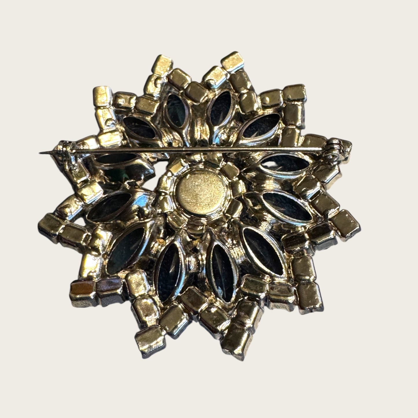 Vintage Sapphire Blue & AB Layered Starburst Brooch – Open-Back Navette Stones, Mid-Century Statement Pin